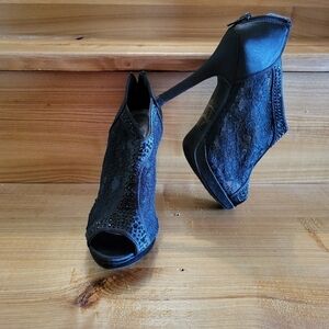 Michelangelo Ayael-9 lace & rhinestone zip up stiletto bootie black 6